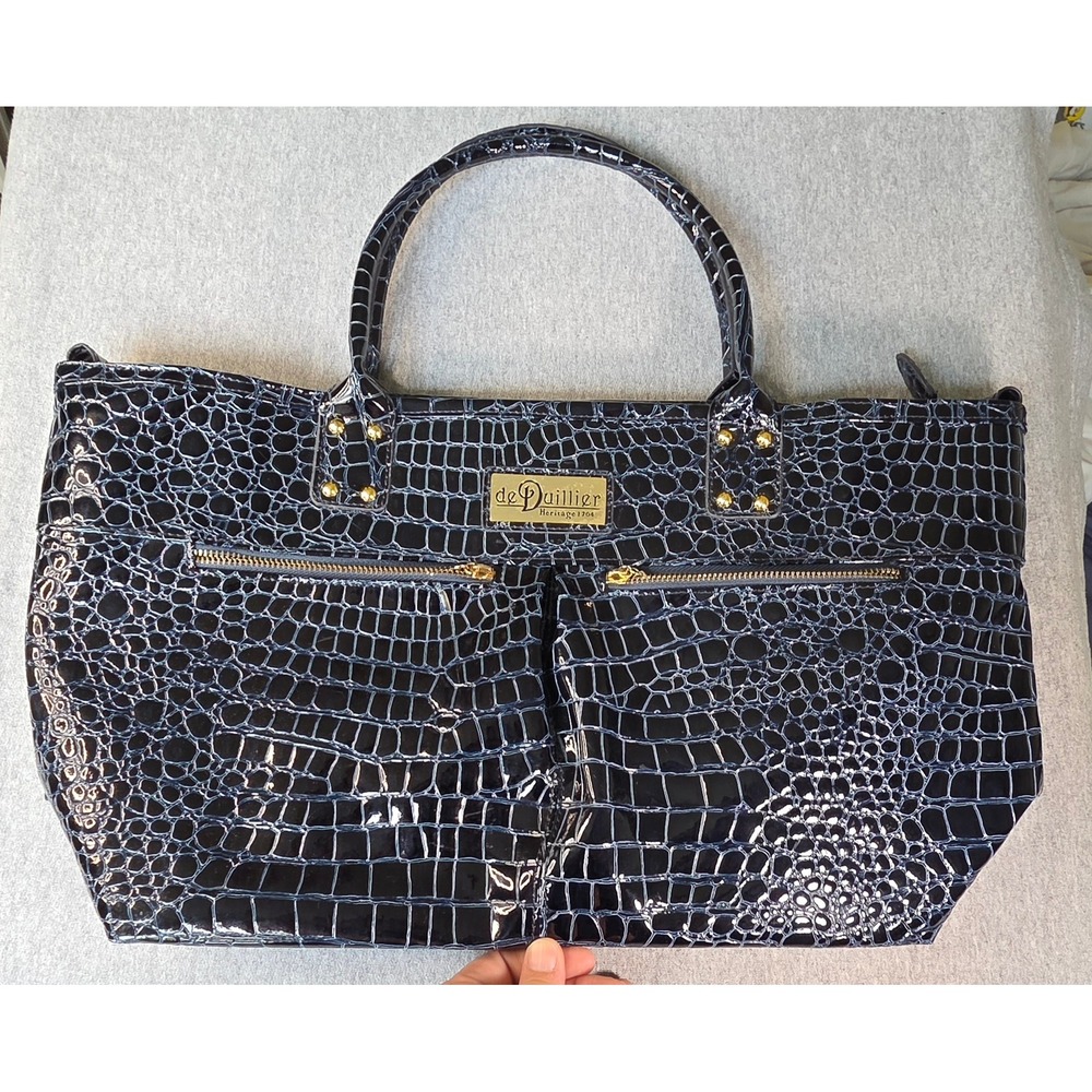 DeQuillier Heritage 1704 Navy Blue Croc Embossed Patent Tote Bag Gold Hardware